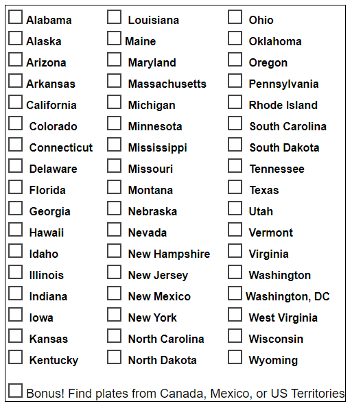 US States list for license plate game